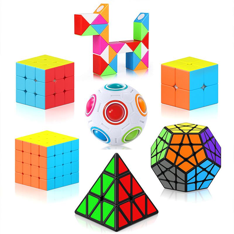 Vdealen Speed Cube Set, 7 Pack Puzzle Cube Bundle Fidget Ball 2x2 3x3 4x4 Pyramid Dodecahedron Rainbow Snake Magic Cube, Smooth Cube Game Toys Gift for Kids & Adults