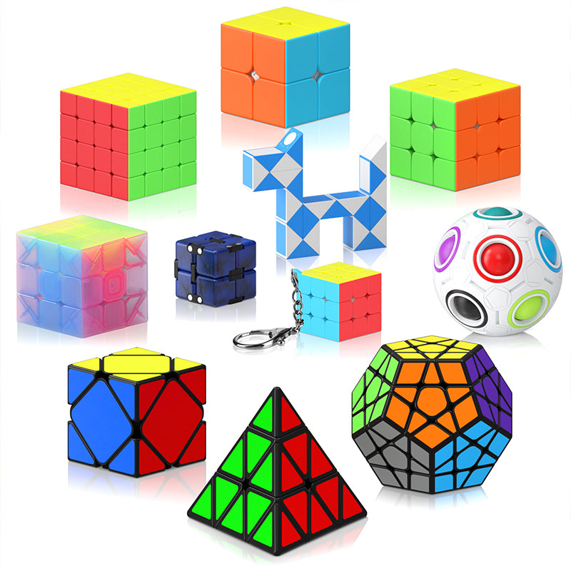 Vdealen 11 Pack Speed Cube Set Puzzle Cube Bundle Fidget Ball 2x2 3x3 4x4 Pyramid Dodecahedron Skewb Snake Infinity Magic Cube, Smooth Cube Pack Toys Gift for Kids & Adults