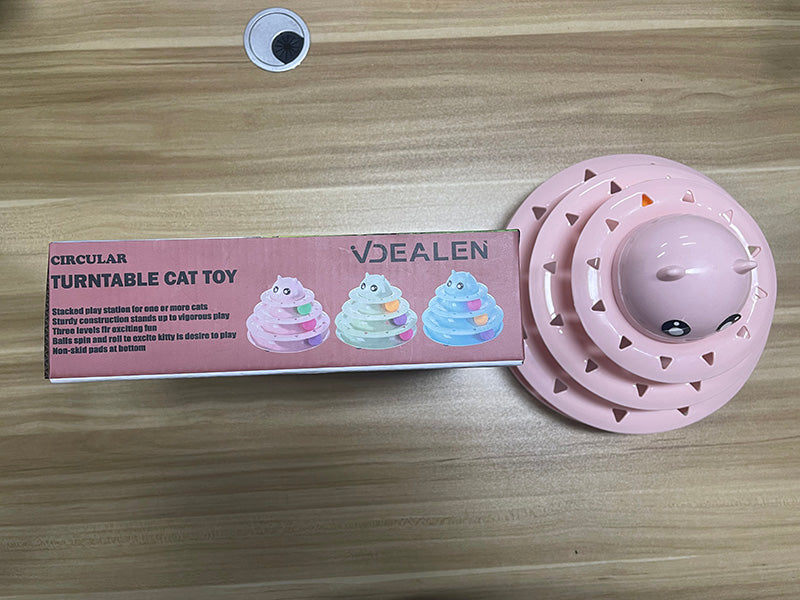 Vdealen Interactive Cat Toy with 3-Level Track Balls, Cute Kitten Turntable Toy for Indoor Cats, Stimulating Exercise & Mental Enrichment, Anti-Slip Cat Ball Tower Toy for Kittens