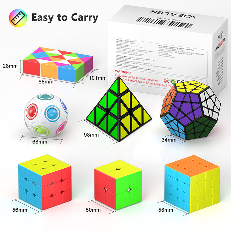 Vdealen Speed Cube Set, 7 Pack Puzzle Cube Bundle Fidget Ball 2x2 3x3 4x4 Pyramid Dodecahedron Rainbow Snake Magic Cube, Smooth Cube Game Toys Gift for Kids & Adults