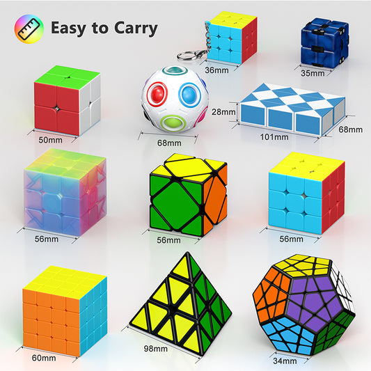 Vdealen 11 Pack Speed Cube Set Puzzle Cube Bundle Fidget Ball 2x2 3x3 4x4 Pyramid Dodecahedron Skewb Snake Infinity Magic Cube, Smooth Cube Pack Toys Gift for Kids & Adults