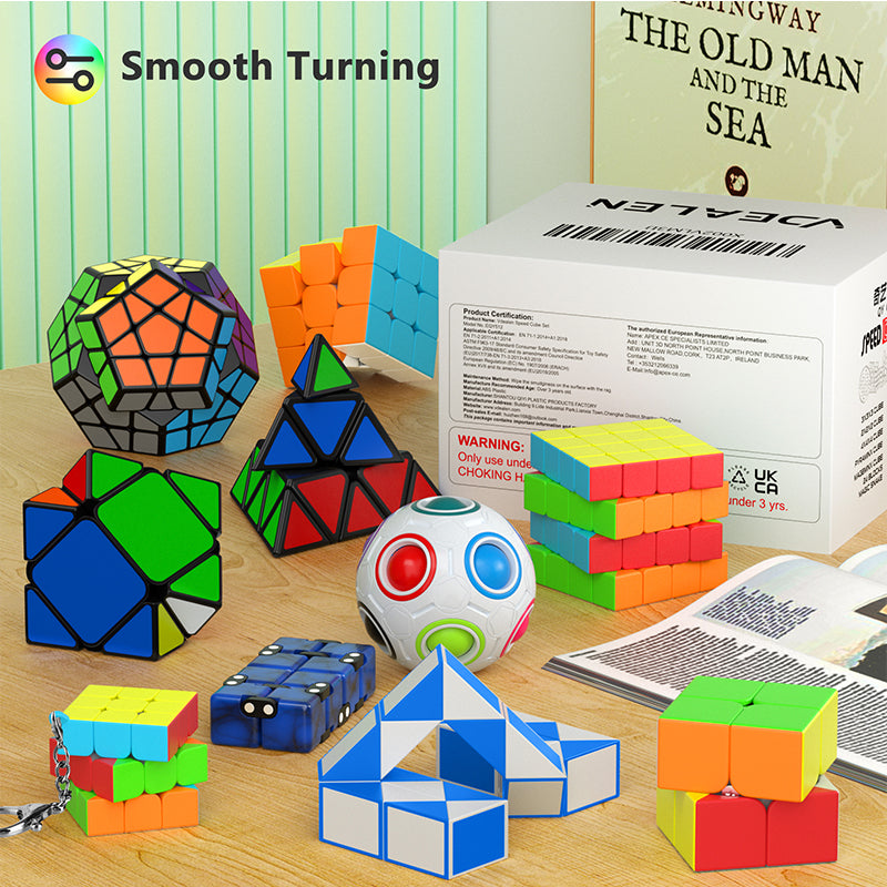 Vdealen 11 Pack Speed Cube Set Puzzle Cube Bundle Fidget Ball 2x2 3x3 4x4 Pyramid Dodecahedron Skewb Snake Infinity Magic Cube, Smooth Cube Pack Toys Gift for Kids & Adults