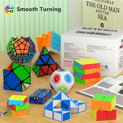Vdealen 11 Pack Speed Cube Set Puzzle Cube Bundle Fidget Ball 2x2 3x3 4x4 Pyramid Dodecahedron Skewb Snake Infinity Magic Cube, Smooth Cube Pack Toys Gift for Kids & Adults
