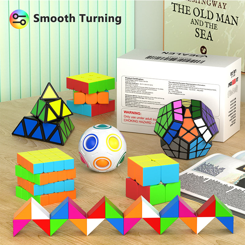 Vdealen Speed Cube Set, 7 Pack Puzzle Cube Bundle Fidget Ball 2x2 3x3 4x4 Pyramid Dodecahedron Rainbow Snake Magic Cube, Smooth Cube Game Toys Gift for Kids & Adults