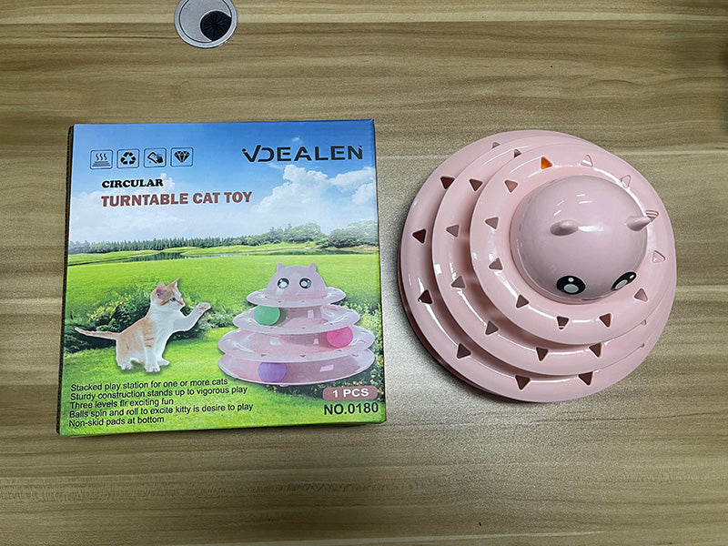 Vdealen Interactive Cat Toy with 3-Level Track Balls, Cute Kitten Turntable Toy for Indoor Cats, Stimulating Exercise & Mental Enrichment, Anti-Slip Cat Ball Tower Toy for Kittens