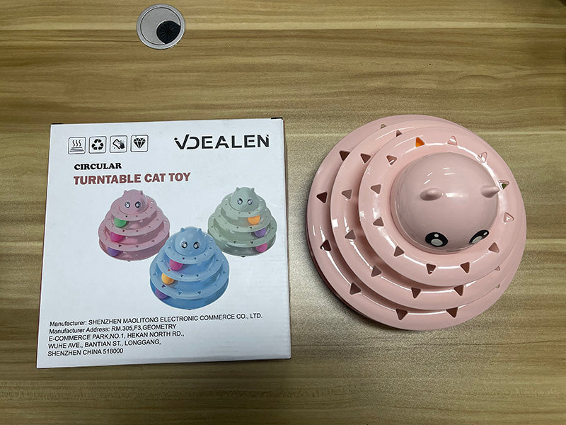 Vdealen Interactive Cat Toy with 3-Level Track Balls, Cute Kitten Turntable Toy for Indoor Cats, Stimulating Exercise & Mental Enrichment, Anti-Slip Cat Ball Tower Toy for Kittens