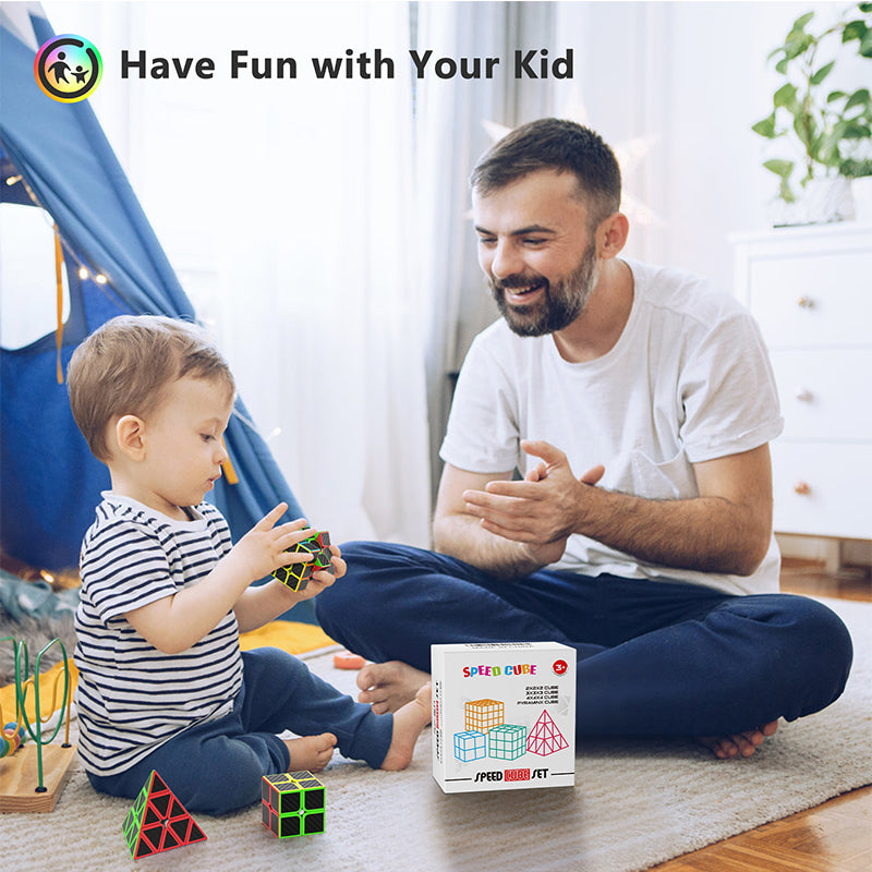 Vdealen Speed Cube Set, Puzzle Cube Bundle of 2x2x2 3x3x3 4x4x4 Pyramid Magic Cube Set, Birthday Party Christmas Stocking Stuffers Gift for Kids Teens Adults(Carbon Fiber Sticker)