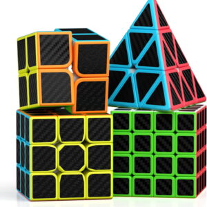 VDEALEN Speed Cube Set, 2X2 3X3 4X4 Pyramid Cube Carbon Fiber Puzzle Cube with Instruction [4 Pack] (Carbon Fiber Cube Set)