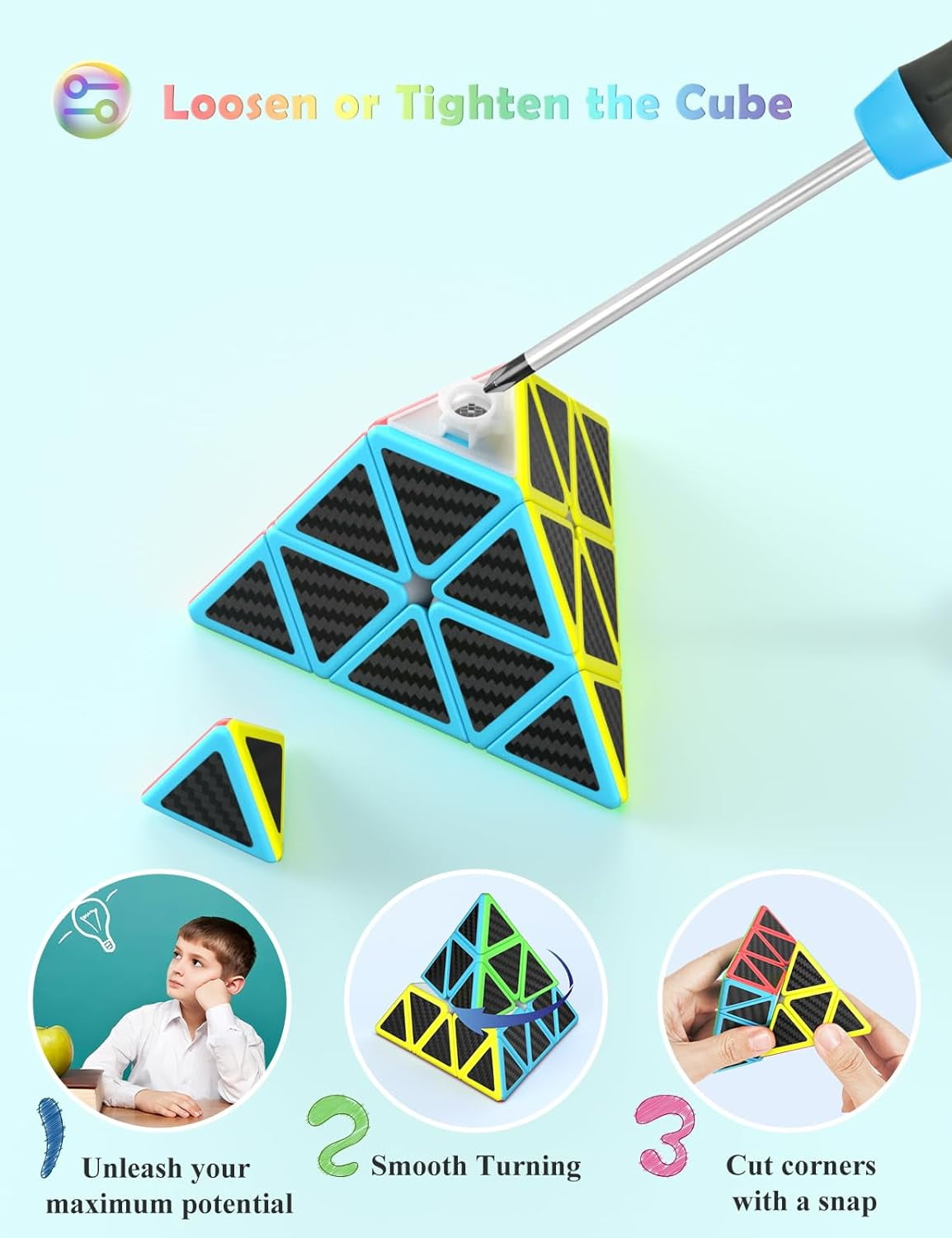 VDEALEN Pyramid Speed Cube Original Triangle Pyraminx Puzzle Cube; Super-Durable Smooth with Vivid Colors - Easy to Turn (Carbon Fiber)